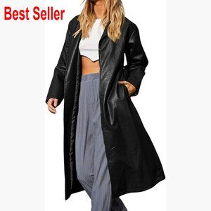 Women's PU Leather Trench Coat Button Down Lapel Faux Leather Jacket